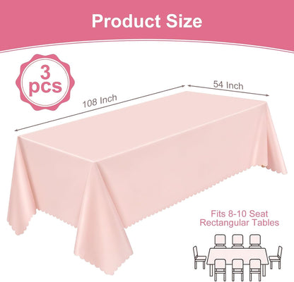 3 Pcs Plastic Light Pink Tablecloths, Scalloped Table Cloths | 54 X 108 Inch Pink Table Covers Rectangle for Girl Birthday, Wedding, Baby Bridal Shower, Tea Party, Leakproof & Sturdy2