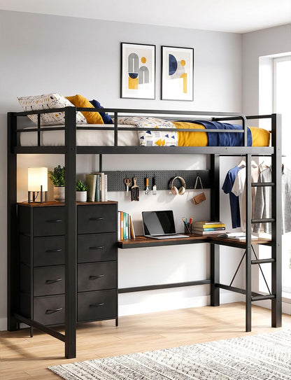 Twin Size Metal Loft Bed with L-Shaped Desk and 8 Storage Drawers,Black9