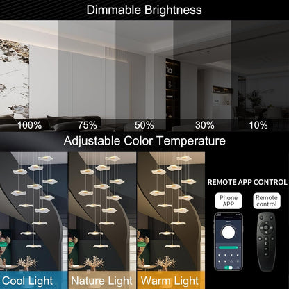High Ceiling Chandelier - 24-Light Dimmable Modern Gold Long Spiral Luxury Linear Lotus Leaf Led Lamp Hanging Pendant Lights for Foyer Enterway Staircase Villas9