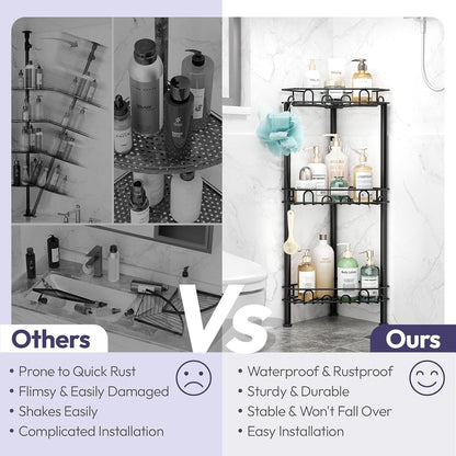 Standing Shower Caddy Corner - 3‑Tier Stainless Steel Shower Organizer Shelf with 12 Hooks and Adhesive Pads, Rustproof Corner Shelves Stand Rack for Bathroom Shower Room, Black2