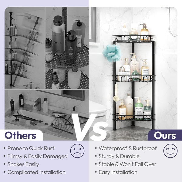 Standing Shower Caddy Corner - 3‑Tier Stainless Steel Shower Organizer Shelf with 12 Hooks and Adhesive Pads, Rustproof Corner Shelves Stand Rack for Bathroom Shower Room, Black2