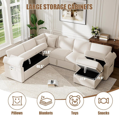 109" Modular Sectional Sofa with Pull Out Bed, L Sleeper Sofa, Beige5