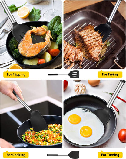 Pack of 2 Silicone Solid Turner, Non Stick Slotted Kitchen Spatulas, High Heat Resistant BPA Free Cooking Utensils, Ideal Cookware for Fish, Eggs, Pancakes(Black)3