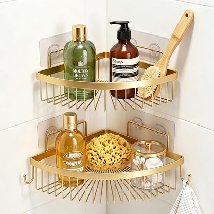 Gold Shower Caddy, 2 Pack Adhesive Corner Shower Caddy with 2 Hooks, No Drilling Bathroom Organizers & Storage, Rustproof Stainless Steel Shower Shelves for Home1