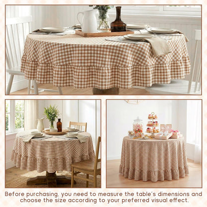 Brown Ruffled Gingham Tablecloth, 70 X 70 Inches, Round3