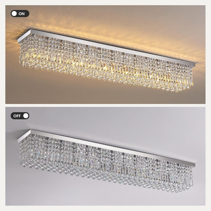 Rectangular Chandelier, Modern Dining Room Light Fixture with Raindrop Chandelier Crystals, 13-Light Flush Mount Rectangle Chandelier for Dining Room Kitchen,Chrome Finish L59'' X W10'' X H9''5