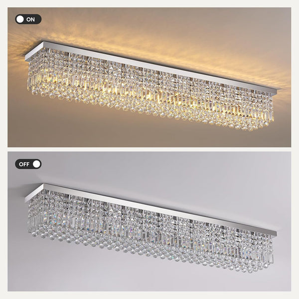 Rectangular Chandelier, Modern Dining Room Light Fixture with Raindrop Chandelier Crystals, 13-Light Flush Mount Rectangle Chandelier for Dining Room Kitchen,Chrome Finish L59'' X W10'' X H9''5