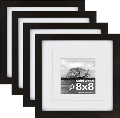 8X8 Picture Frames 4 Pcs,Solid Wood Frame Fits 4X4/6X6 with Mat or 8X8 without Photo Frame Covered by Plexiglass,For Wall Hanging and Tabletop,Wooden Square Picture Frame,Black1