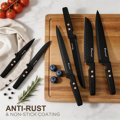 12-Piece Kitchen Knife Set, Stainless Steel Knives with Non-Stick Coating, Dishwasher Safe, Black Knife Set with Rose Gold Rivets 6 Blade Guards, Perfect for Home Chefs Cooking Enthusiasts4