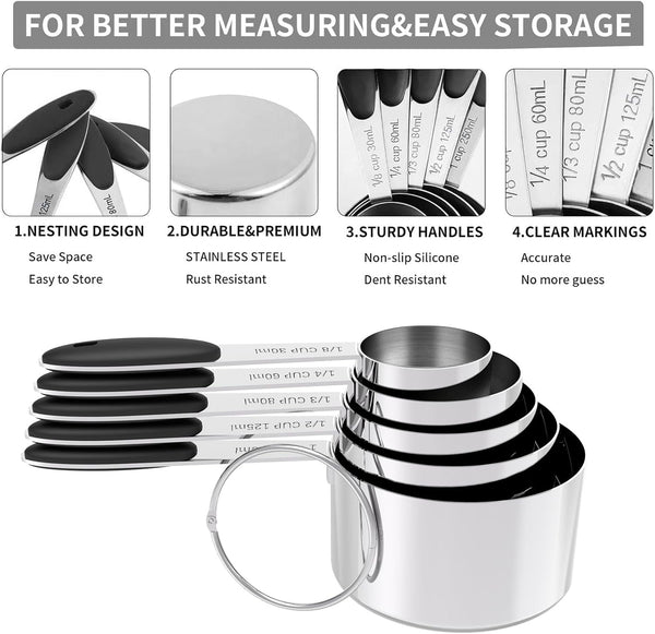 Stainless Steel Measuring Cups and Spoons Set with Silicone Handle – Nesting Design for Space-Saving, Heavy Duty & Dishwasher Safe for Dry/Liquid Ingredients, Cooking & Baking (10)5
