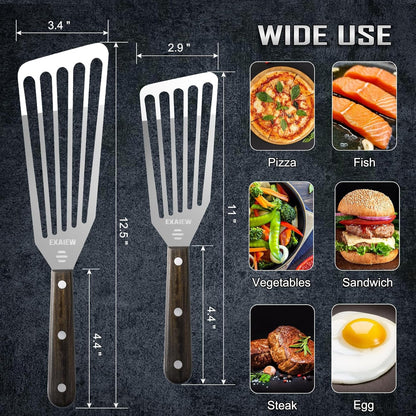 2 Pack Fish Spatula - Stainless Steel Spatula, Metal Spatula, Wooden Hdl3
