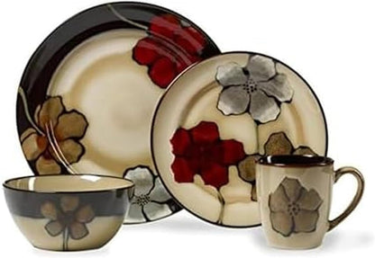 Painted Poppies 16-Piece Stoneware Dinnerware Set, Service for 4, Dinner Plates, Salad Plates, Bowls and Mugs, Dishwasher and Microwave Safe1