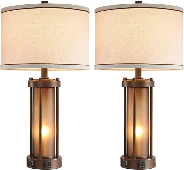 Set of 2 Farmhouse Table Lamps for Living Room with 2 USB Charging Ports | Vintage Rustic Nightstand Lamps with Amber Glass Nightlight, Retro Desk Lamps for Bedroom Entryway, 4 Bulbs Included (Brown)8
