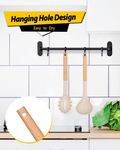 Silicone Pasta Fork and Ladle Spoon Set with Wooden Handle, Heat Resistant Non Stick Kitchen Utensils for Cooking, Stirring, Serving Spaghetti, Soup, Sauce(Khaki)6