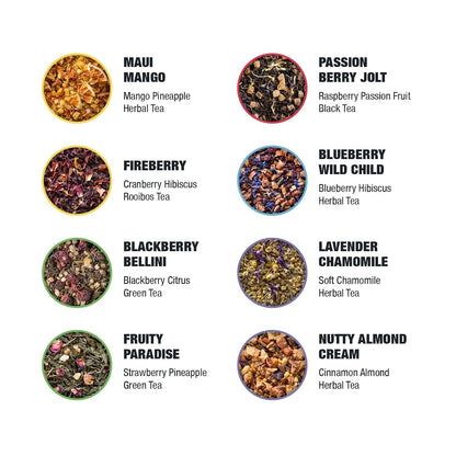 '- Top 8 Favorites Sampler Set, Loose Leaf, up to 80 Cups | High to No Caffeine, Hot & Iced, Tea Variety Pack with Green, Herbal, & Black, 8 Sample Pouches4