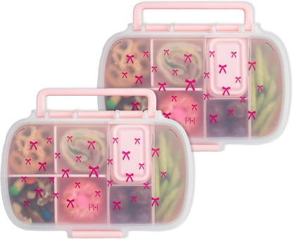 2-Pack Bento Style Snack Boxes, 7-Compartment Lunch Containers with Built-In Phone Stand, Removable Dividers and Dip Containers, Pink Bow Print1