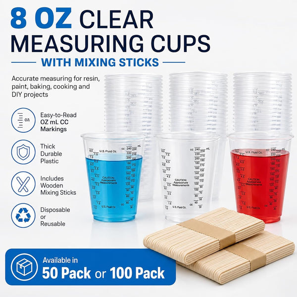 Plastic Measuring Cups with Mixing Sticks, 8 Oz Clear Cup, 50 Pack2