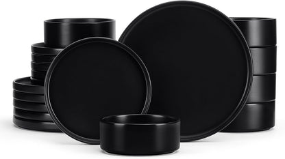 Black Dinnerware Sets for 6, 18-Piece Stoneware Plates and Bowls Dish Set, Modern Kitchen Dinning Dishware, Chip and Scratch Resistant, Microwave & Dishwasher Safe, Matte Black1