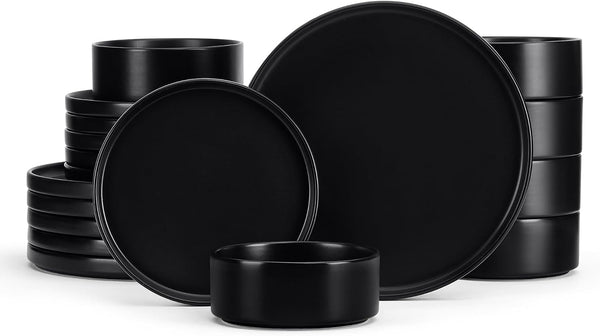 Black Dinnerware Sets for 6, 18-Piece Stoneware Plates and Bowls Dish Set, Modern Kitchen Dinning Dishware, Chip and Scratch Resistant, Microwave & Dishwasher Safe, Matte Black1
