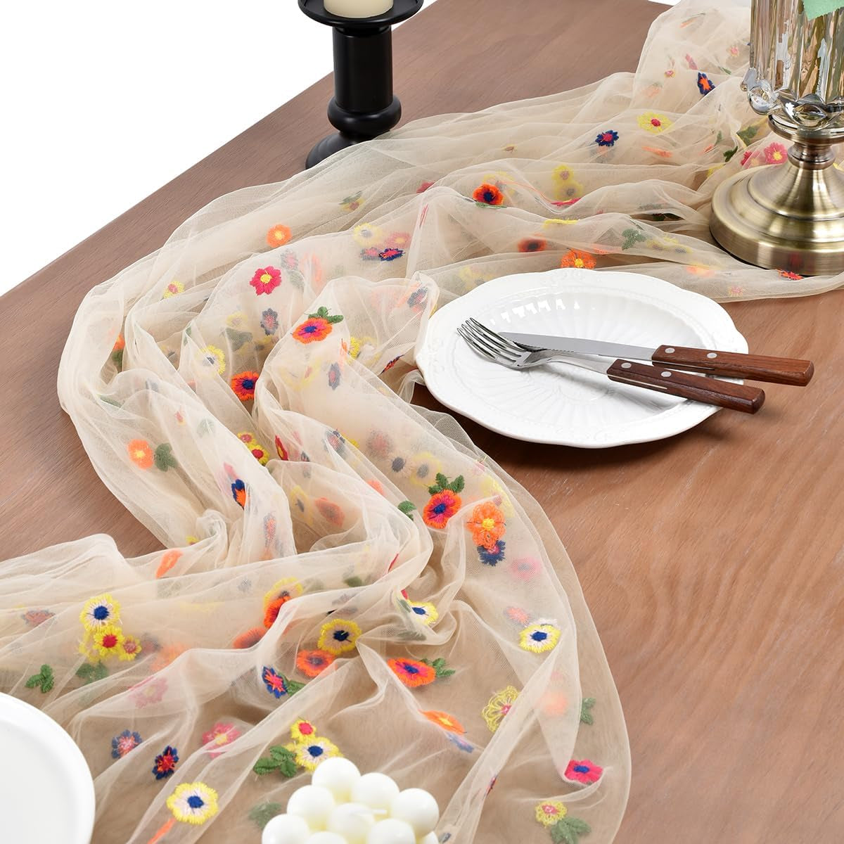 flower-table-runner-floral-daisy-fall-wedding-birthday-party-home-decor-champagne-10ft-embroidery-wildflower-tulle-seasonal-tea-party-bridal-shower-holiday-picnic-home-table-decorations