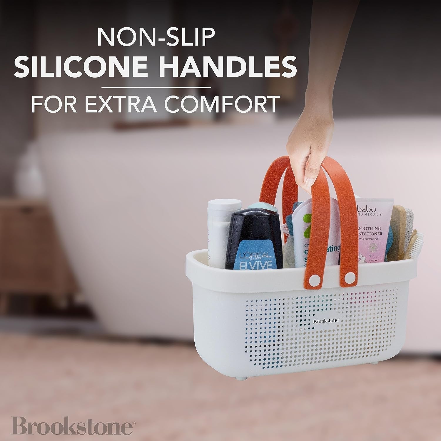 brookstone-modern-large-portable-shower-caddy-with-soft-silicone-carrying-handle-bathroom-organizer-basket-plastic-bath-tote-and-shower-organizer-quick-dry-drainage-holes-bpa-free-white