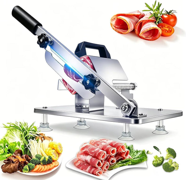 Manual Meat Slicer Frozen Meat Cutter Upgraded Stainless Steel Meat Cleavers Beef Mutton Roll Slicing Machine Vegetable Meat Slicer for Home Cooking Hotpot Shabu Cnh2(Silver,16.7"X6.7")1