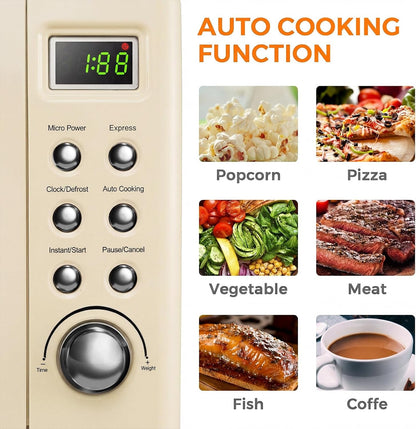 0.7Cu.Ft Retro Small Microwave Oven, 700W Compact Countertop Microwave with 5 Power Levels, Auto Cooking Menus, Glass Turntable, Child Lock & Glass Turntable for Apartment, Dorm (Cream White)2