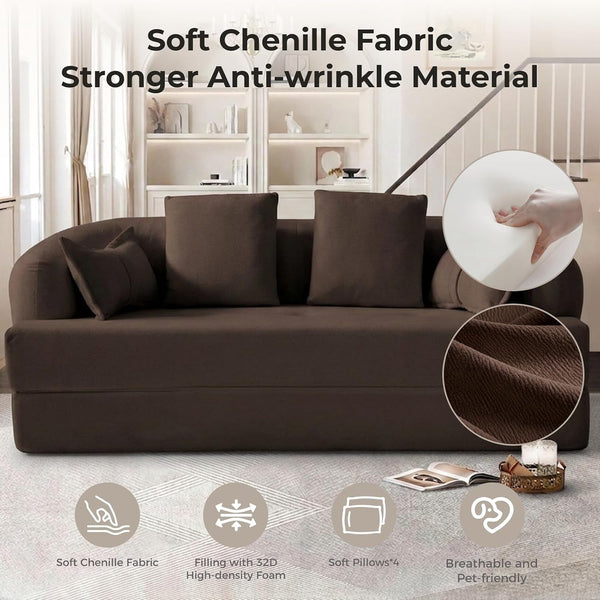 70" Convertible Sofa Bed, Chenille Boneless Comfortable Sleeper Futon6