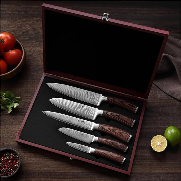 EDIB Damascus Knife Set, 5-Piece VG10 Steel Knives, Wooden Gift Box | Five VG10 Damascus Kitchen Knives with Ergonomic Pakkawood Handles, Chef Knife Set Packed in Wooden Gift Box for Home Chefs7