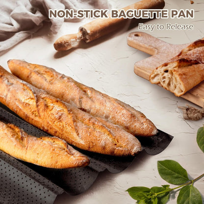 Nonstick Baguette Pans for French Bread Baking, Perforated 2 Loaves Baguettes Bakery Tray, 15" X 6.3", Silver2