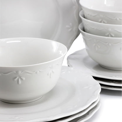 Henryi 18 Piece Embossed Rim Detail Porcelain White Dinnerware Set, Tableware Set, Serveware (18 Piece)5