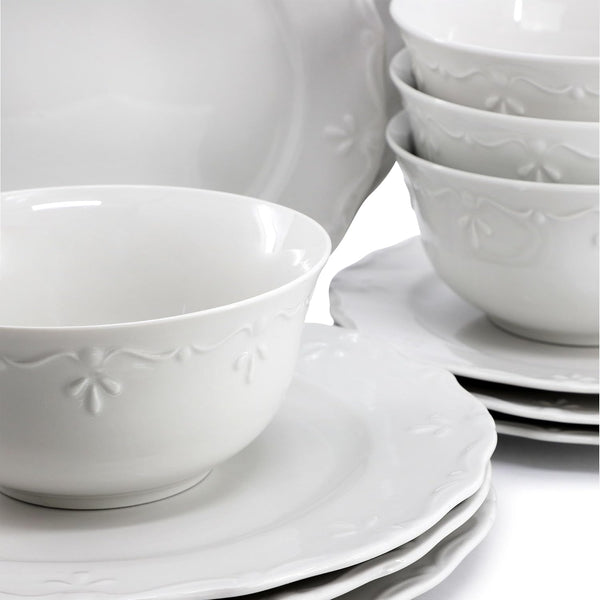 Henryi 18 Piece Embossed Rim Detail Porcelain White Dinnerware Set, Tableware Set, Serveware (18 Piece)5