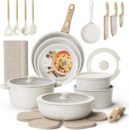 31Pcs Pots and Pans Set Non Stick Ceramic Cookware Set W/Removable Handle | Non Toxic, Pfas-Free, Durable, Space Saving, Induction Compatible, Dishwasher Safe, 3Pcs Knife Set, 4Pcs Placemat Set1
