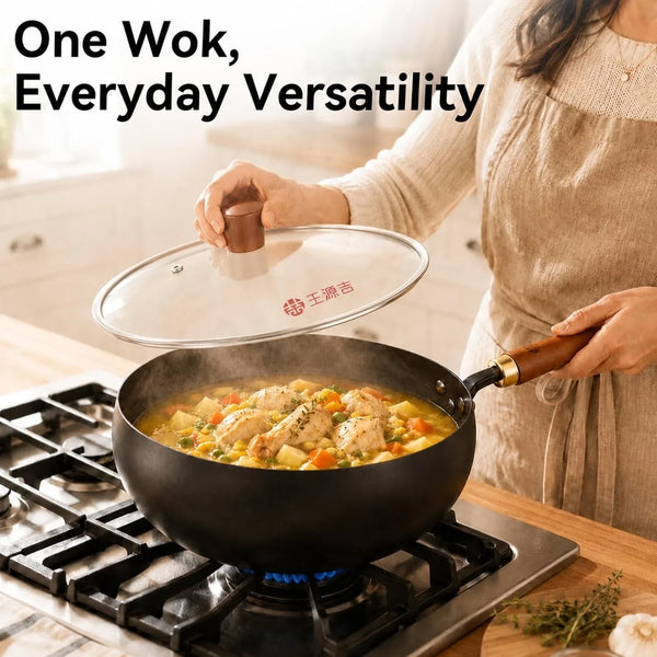 9.5-Inch Carbon Steel Wok with Lid, Flat Bottom Stir Fry Pan | Deep 3.5 QT Bowl for 1–2 Servings; Smooth Carbon Steel Surface; Flat Base for Induction, Gas, Electric and Ceramic Cooktops7