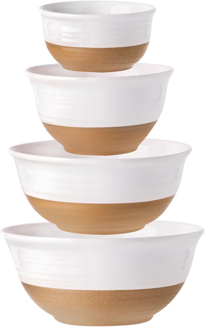 Ceramic Serving Bowls Set of 4, 2.1/1.5/1.0/0.5 Qt White & Terracotta Stoneware Mixing Bowls, Farmhouse Bowls for Cooking, Prepping, Salad & Soup, Dishwasher & Microwave Safe, Serving Dishes1