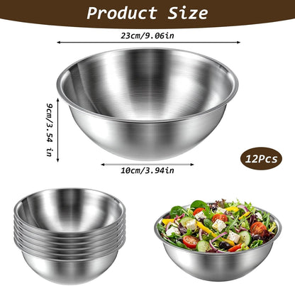 12 Pcs Stainless Steel Mixing Bowls with Graduations Metal Bowl Set Reusable Baking Food Storage Containers for Baking Cooking Salad Prep Storage Silver 9 X 3.5 Inch2