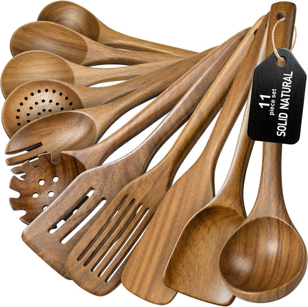 Wooden Spoons for Cooking, 11-Piece Acacia Wood Kitchen Utensil Set, Nonstick Safe Wooden Spatulas and Spoons, Heat Resistant Cooking Utensils for Everyday Meals (A11)1