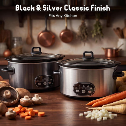 Slow Cooker 8 Quart, Ceramic Nonstick Coating, Programmable Slow Cooker with Dishwasher Stoneware Pot and Tempered Glass Lid, Multi Cookers with 3 Temperature, 35In Tangle Free Cord, Silver7