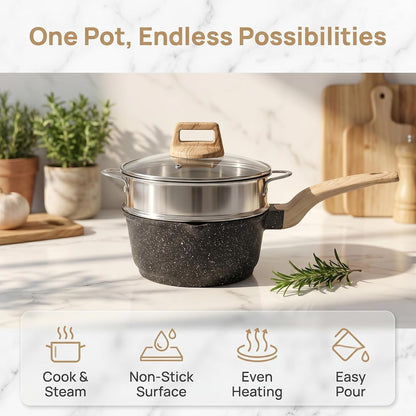 2 Quart Nonstick Saucepan with Lid & Steamer Basket, Small Nonstick Saucepan Cooking Steamer Pot with Pour Spout, Induction Safe, Non Toxic Granite Coating4