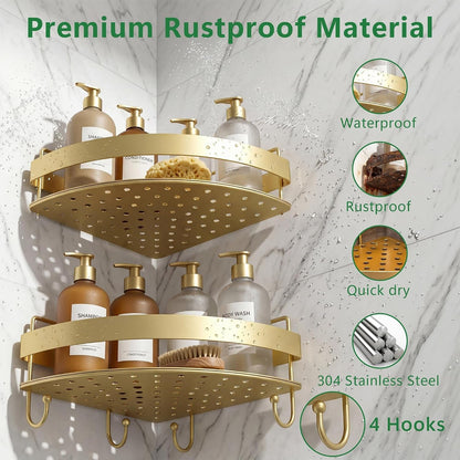 Corner Shower Caddy, 2 Pack Adhesive Gold Shower Organizers, Rustproof Stainless Steel Shower Shelves with 4 Hooks, No Drilling Shelves for Bathroom Storage & Home Decor4