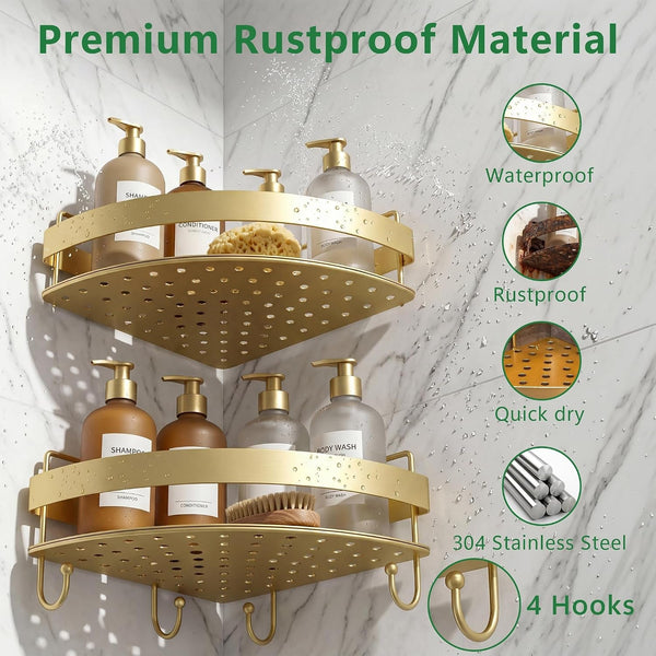 Corner Shower Caddy, 2 Pack Adhesive Gold Shower Organizers, Rustproof Stainless Steel Shower Shelves with 4 Hooks, No Drilling Shelves for Bathroom Storage & Home Decor4