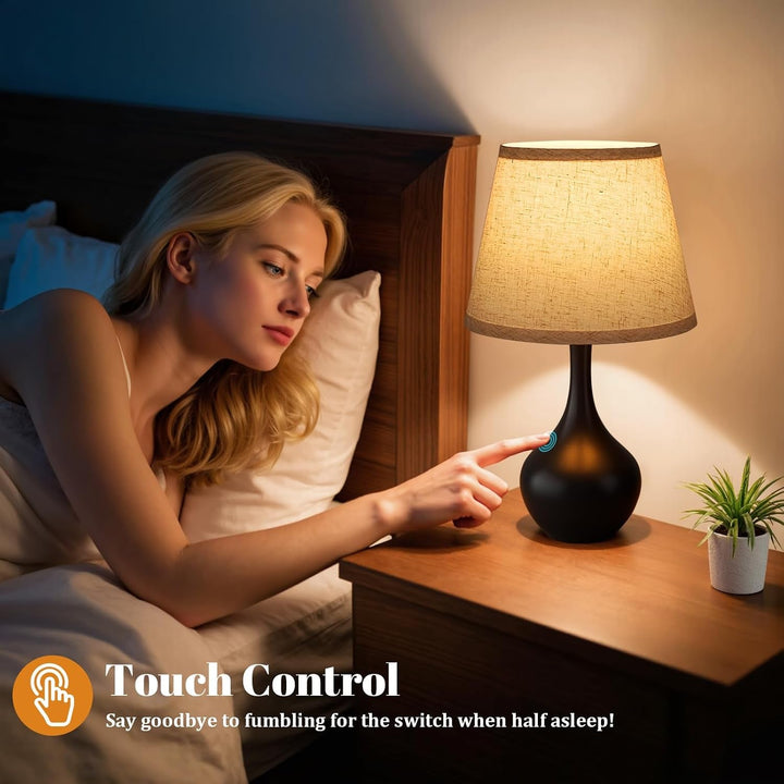 16.1" Touch Table Lamp for Nightstand, 3 Way Dimmable Small Bedroom Lamp | Touch Control, Bulb Included, Black Bedside Lamps for Desk, Night Stands, Living Room, End Table, Corded+2