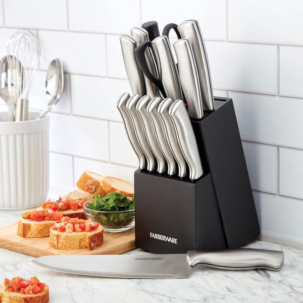 15-Piece Kitchen Knife Set, High-Carbon Stainless Steel Blades with Wood Block, Steak Knives, Sharpening Tool & All-Purpose Shears, Razor Sharp, Ergonomic Stainless Steel Handles5