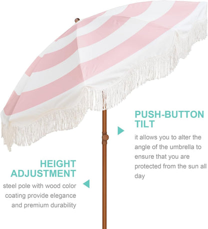 Boho Fringe Umbrella, 6.5Ft Outdoor Umbrella with Tassel | Boho Chic Style, UPF 50+ Sun Protection, Steel Pole, Push Button Tilt, Easy to Set Up, for Party Picnic Beach, Green Stripe2