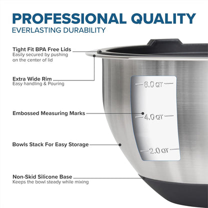 Viking Mixing Bowls Set, 10 Piece Stainless Steel Kitchen Cookware, Non-Slip Silicone Base, Includes Tight Fit Lids, Dishwasher Safe, Black3