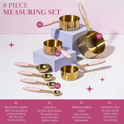 Measuring Cups and Spoons Set, Stainless Steel with Pink Silicone Inset Handle, Dishwasher Safe, for Dry and Liquid Ingredients, 8-Piece Set, Gold and Pink3