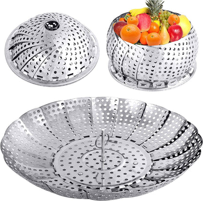 Veggie Vegetable Steamer Basket, Folding Steaming Basket, Metal Collapsible Stainless Steel Steamer Basket Insert, for Cooking Food, Expandable Fit Various Size Pot(5.3" to 8.6")1