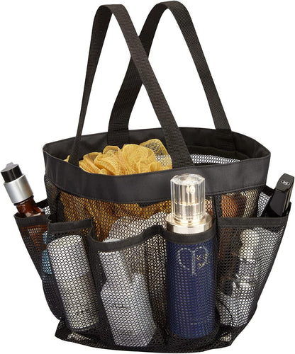 Mesh Shower Caddy Tote Bag 8 Pockets, Hanging Portable Toiletry Bag for Men and Women, College Dorm Essentials Quick Dry Bath Organizer for College Dorms, Gym, Camp (Black)1