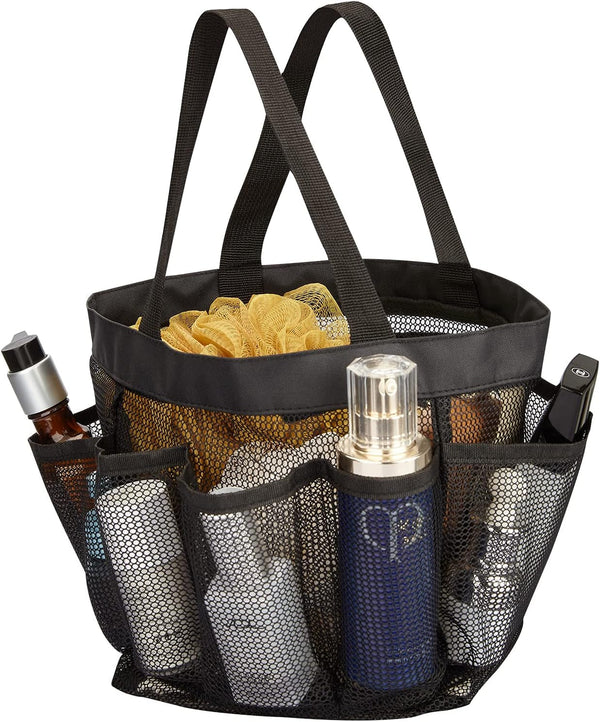 Mesh Shower Caddy Tote Bag 8 Pockets, Hanging Portable Toiletry Bag for Men and Women, College Dorm Essentials Quick Dry Bath Organizer for College Dorms, Gym, Camp (Black)1