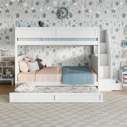 Staircase Bunk Bed with Twin Trundle & Storage Drawer White/Full over Full7